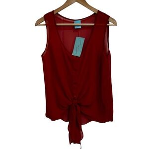 H.I.P. Red Sleeveless‎ Blouse Tie Front Semi Sheer Tank Top Size M